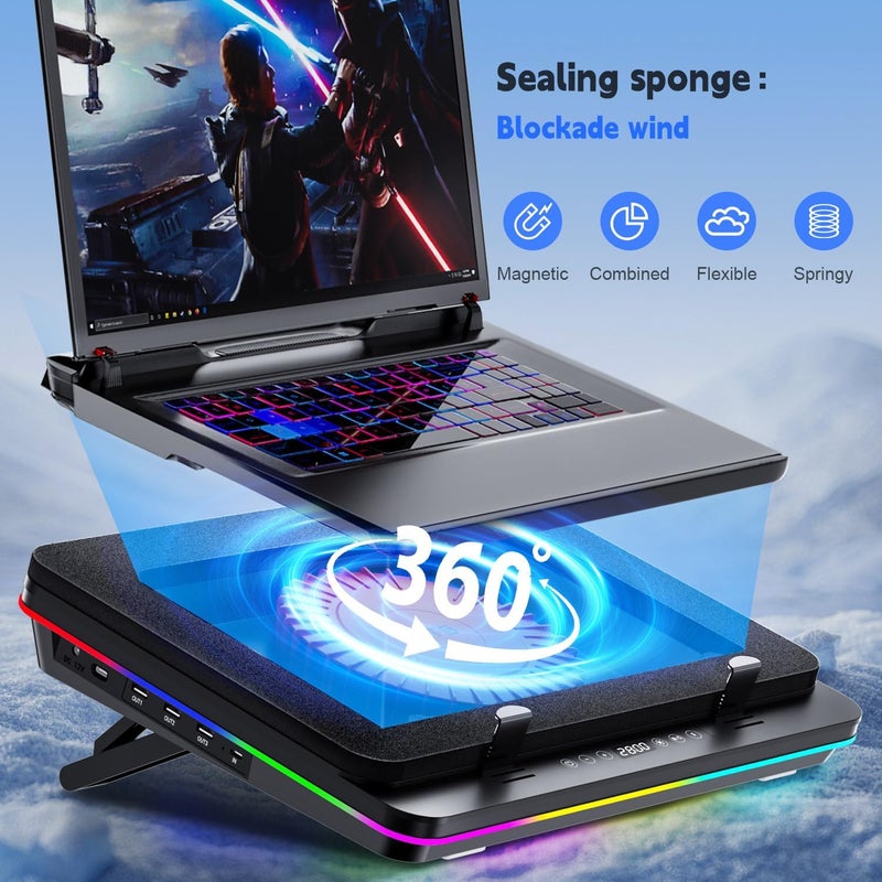 IETS GT600 RGB Laptop Cooling Pad Equipped with Gigantic Turbo-Fan（5.5inch Diameter）,Sealed Foam for Rapid Cooling Gaming Laptop,14.1-19.3 inch Laptop Cooler with 3-Port USB Hub,Dust Filter - Image 3